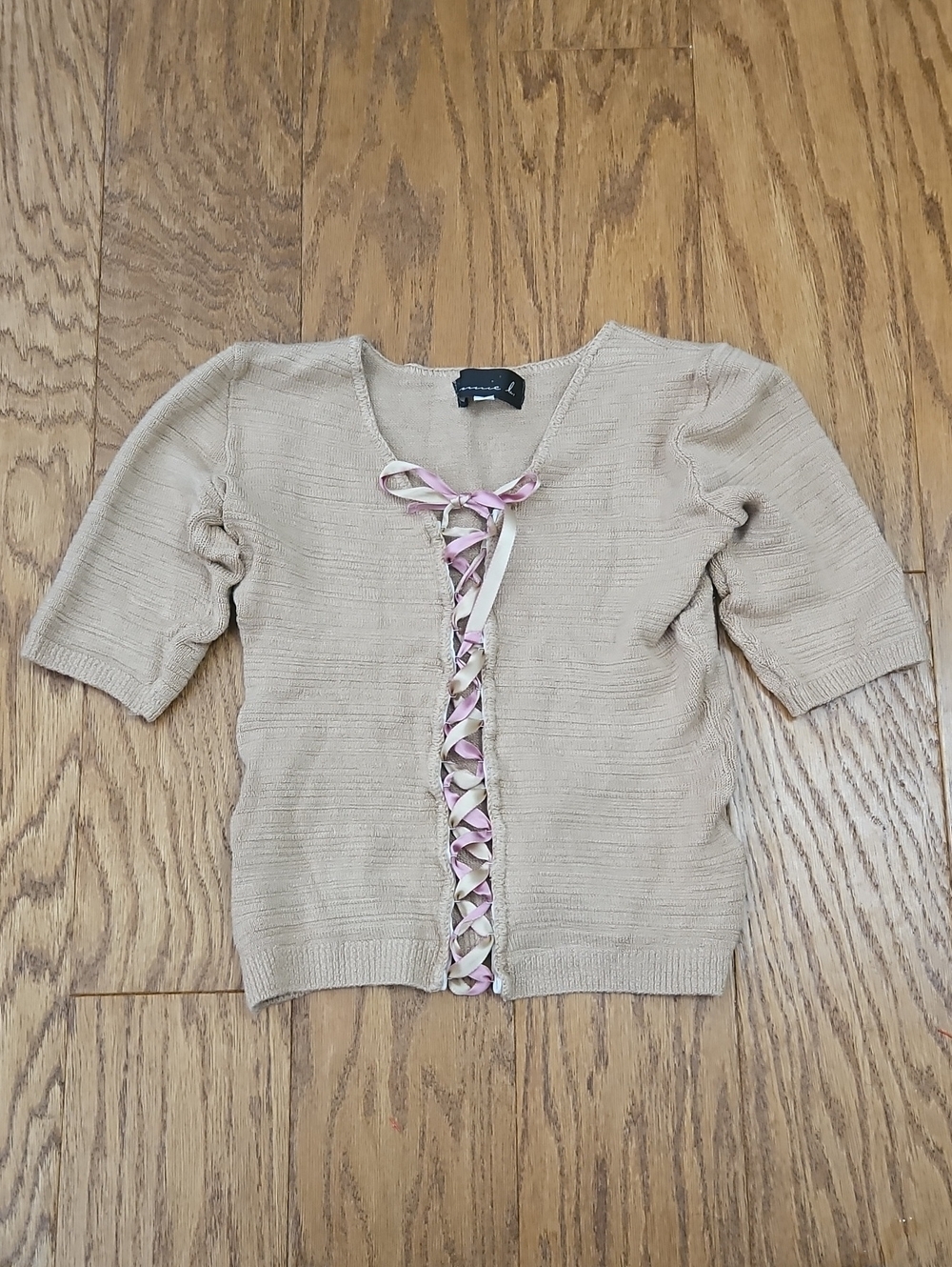 Annie Li Vintage Y2K Ribbed Lace-Up Cardigan Top •Tan/Pink • Size Small